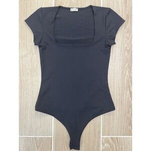 Free People Intimately Square Eyes‎ Bodysuit Womens Small Black Thong Stretch